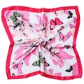 Square satin scarf with pink flower petals and colorful butterfly prints on white - Pink Butterfly