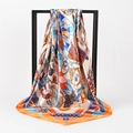 Artistic 90cm square silk scarf featuring vibrant geometric poker patterns on a black stand - 90x90cm / Orange