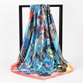 Artistic blue square scarf with floral patterns on a display stand, 90cm silk-like wrap - 90x90cm / Pale Blue