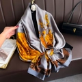 Elegant silver-grey satin scarf with yellow floral patterns and vintage brown borders - Silver Gray