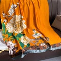 Elegant orange silk shawl with traditional Chinese floral peony and plum blossom prints - Yellow