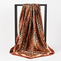 90cm leopard print satin silk square scarf hanging on a minimalist display stand - BX183 Coffee Leopard