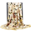 Elegant 90x90cm satin silk scarf with coffee floral print on a minimalist metal stand - Beige