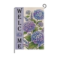 Welcome garden flag featuring blue hydrangea flowers and durable metal stand set - Hydrangea Welcome Style (HYQ095-9)