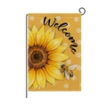 Linen garden flag with sunflower, bee and Welcome text on yellow polka dot backdrop - Sunflower Bee Welcome (HYQ096-9)