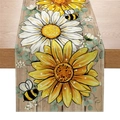 Linnen tafelloper met zonnebloem en madeliefje print op een houten achtergrond - Zonnebloem En Madeliefje Stijl (ZQ044-1) / 33cmx180cm