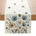 Linen table runner featuring vintage blue and khaki wildflower prints on cream fabric - Blue Brown Wildflower Style (ZQ041-3)
