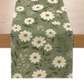 Green linen-textured table runner with white daisy floral print for spring table decor - Fresh Daisy Style (ZQ045-1)