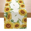 Runner da tavola in lino con stampa a girasole su un tavolo da pranzo in legno rustico - Stile Girasole Foglia Verde (ZQ041-4)