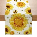 Linen table runner featuring sunflower and bee print on rustic wooden table background - Sunflower And Bee Style (ZQ044-5) / 33cmx180cm