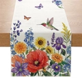 Linen table runner featuring colorful sunflower, poppy, and hummingbird floral prints - Wildflower Jungle Style (ZQ044-6) / 33cmx180cm