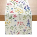 Floral watercolor table runner featuring pastel wildflowers on linen fabric texture - Colorful Floral Style (ZQ045-3)