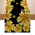 Floral table runner featuring yellow sunflowers and bees on a black fabric background - Black Sunflower Bee Style (ZQ041-6)