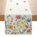 Rustic floral table runner with daisy and insect prints on cream linen fabric - Off-white Poppy Butterfly Style (ZQ041-7)