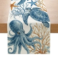 Runner da tavola in lino con motivi oceanici di polpo blu e tartaruga su tavolo in legno - Polpo Blu Tartaruga (ZQ046-2)