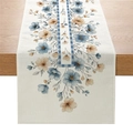 Floral table runner with blue and orange flowers on beige fabric for dining decor - Blue Floral Grid Style (ZQ045-5)