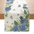 Linen table runner with blue-purple hydrangea and butterfly prints for home decor - Hydrangea And Butterfly Style (ZQ044-8) / 33cmx180cm