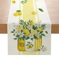 Linen table runner with lemon and floral print featuring fresh text on wood background - Lemon with Fresh Jar (ZQ042-1)