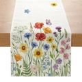 Pastel floral table runner with colorful flowers and butterflies on beige linen fabric - Off-white Multicolor Watercolor Floral Style (ZQ041-8)