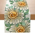 Linen table runner with hand-painted white sunflower and eucalyptus leaves print - Sunflower Eucalyptus Style (ZQ6-1)