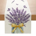 Linen table runner with lavender floral print and purple butterflies on wooden desk - Lavender Bouquet Style (ZQ044-9) / 33cmx180cm