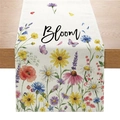 White linen table runner featuring watercolor sunflowers and Bloom print text - Bloom Watercolor Floral Style (ZQ041-9)