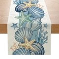 Runner da tavola in lino con stampe di conchiglie blu e stelle marine su fondo beige - Vita Costiera Crema (ZQ046-4)