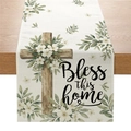 Pastoral linen table runner featuring Bless this home text with cross and floral prints - Religious Blessing Style (ZQ045-7)