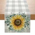 Gray and white plaid table runner with sunflower and eucalyptus patterns - Grey Gingham Sunflower Style (ZQ6-2)