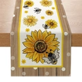 Linen table runner with sunflower and bee pattern on a rustic wooden texture base - Sunflower and Bee (ZQ042-3)