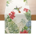 Linen table runner with floral hummingbird print on dark wood dining surface - Hummingbird Tropical Floral (ZQ046-5)