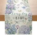 Linen table runner with hydrangea floral print and Every Day Is A Gift quote - Hydrangea Quote Style (ZQ045-8)