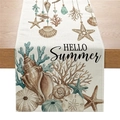 Linen texture table runner with Hello Summer sea shells and coral hand-drawn patterns - Hello Summer Marine (ZQ046-6)