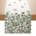 Floral table runner featuring realistic cotton and eucalyptus leaf digital print - Cotton Eucalyptus Style (ZQ045-9)