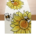Linen table runner with sunflower and bee pattern hanging on a light wood table - Sunflower Bee Style (ZQ6-3)