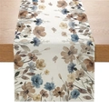 Linen table runner featuring blue and brown floral patterns on a wooden tabletop - Vintage Artistic Floral (ZQ042-5)