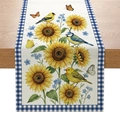 Floral table runner with sunflower and birds design and blue gingham border edges - Sunflower and Birds (ZQ046-7)