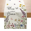 Linen table runner with floral sunflower print and Bless our Home text on wood table - Bless Our Home Flower Cluster (ZQ042-6)