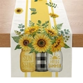 Linen table runner with yellow sunflowers and Hello Summer prints on wood table - Sun Shine Sunflower (ZQ042-7)