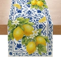 Pastoral table runner with yellow lemons and blue Mediterranean tile patterns - Lemon Mediterranean (ZQ046-9)
