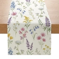 Pastel wildflower bouquet print table runner on rustic linen fabric for spring decor - Colorful Hand-painted Wildflowers (ZQ042-8)