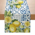 Linen table runner featuring blue Mediterranean tiles and vibrant watercolor lemon patterns - Blue White Tile Lemon Style (ZQ6-5)