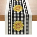 Buffalo plaid table runner with sunflower print on a rustic dark wood background - Black White Plaid Sunflower Style (ZQ6-7)