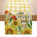 Linen sunflower table runner with yellow butterflies and Start the day with a smile text - Yellow Plaid Sunflower Smile Style (ZQ6-8)
