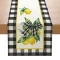 Table runner featuring yellow lemon prints with black and white gingham checkered borders - Black White Gingham Lemon Bow Style (ZQ6-9)