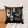Black velvet Ramadan Kareem pillow cover with golden crescent and lantern on sofa - Black Islamic Chandelier (ZY-8)