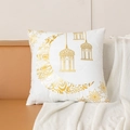 White Ramadan cushion cover with golden moon and lantern prints on a leather sofa - White Starlight Lantern (ZY-13)