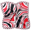 Square satin scarf with red, black, and white abstract wave patterns and twill borders - Counter Style