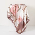 Pink and brown baroque chain print square satin silk scarf displayed on white stand - French Pink