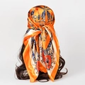 90cm satin square silk scarf featuring orange baroque pattern worn as a chic headwrap - One Size / Orange